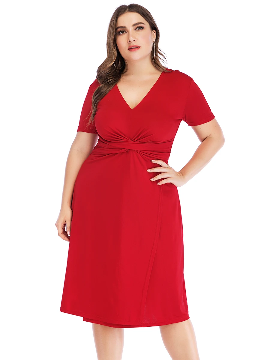 Plus Size Dress Woman Summer V Neck Short Sleeve Solid Casual Dress High Waist Red Midi Dress Curvy Size Odzież damska