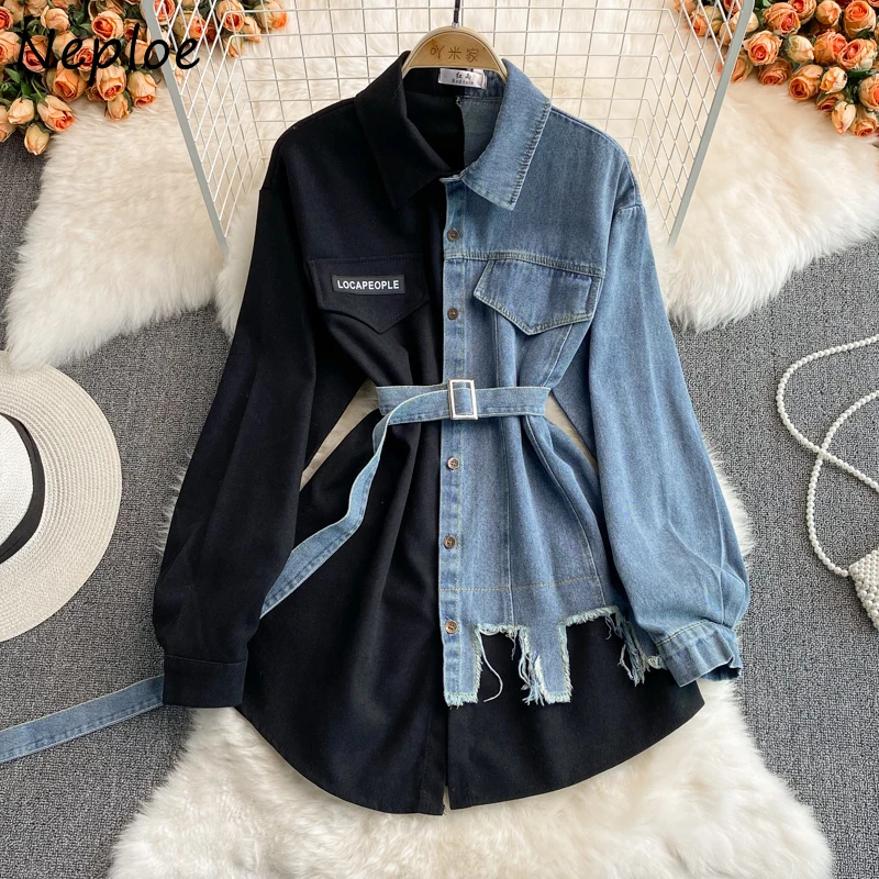 Neploe Unique Denim Patchwork Shirt Turn-down Collar Chic Mujer Blusas Long Sleeve Tops Female Irregular Women Blouses with Belt