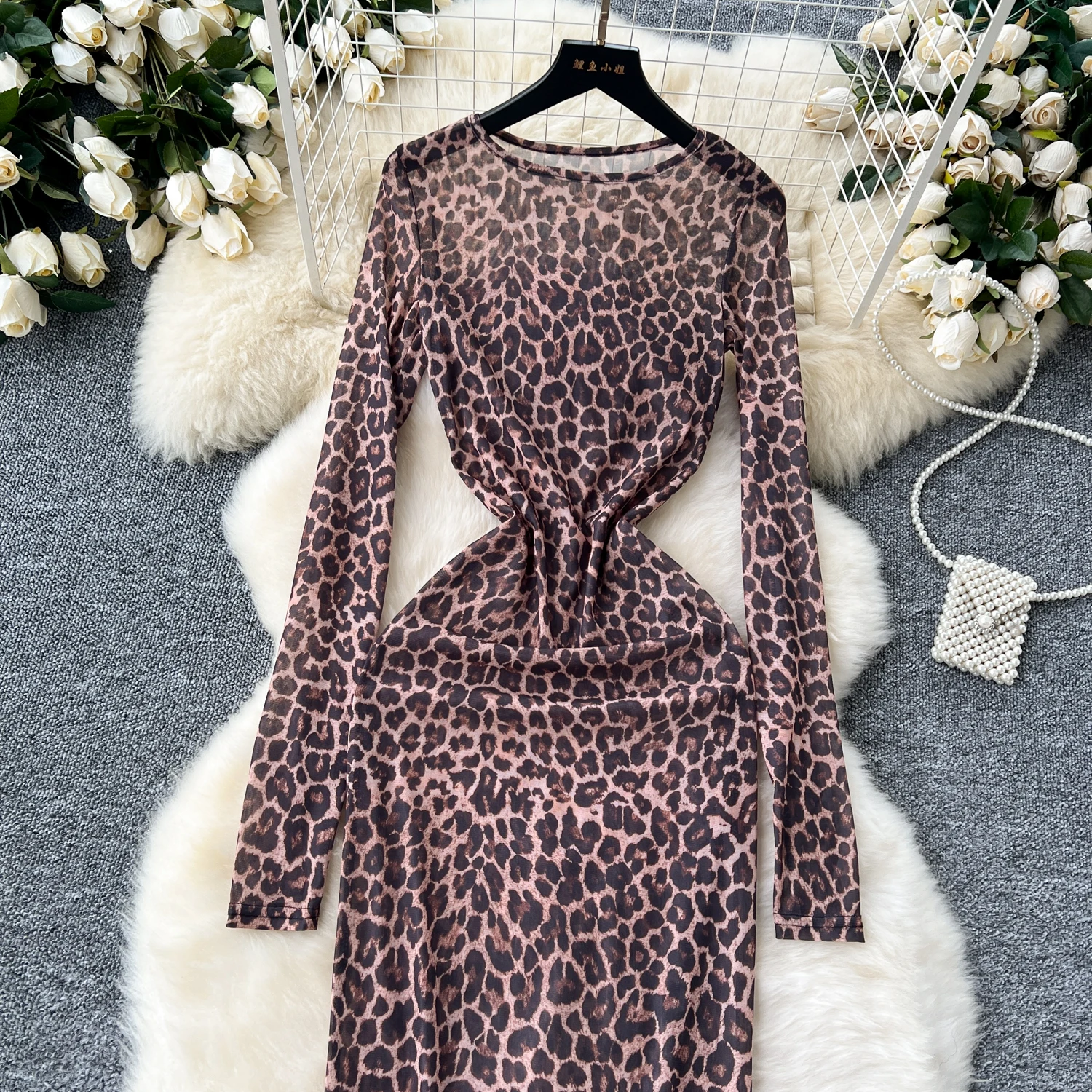 Vestido elegante de leopardo con cuello redondo para mujer, malla transparente, manga suelta, elegante, fiesta de verano, moda Retro