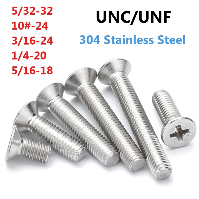5-50pcs UNC/UNF 5/32-32 10#-24 3/16-24 1/4-20 5/16-18 304 Stainless Steel Cross Phillips Flat Countersunk Head Screw Bolt