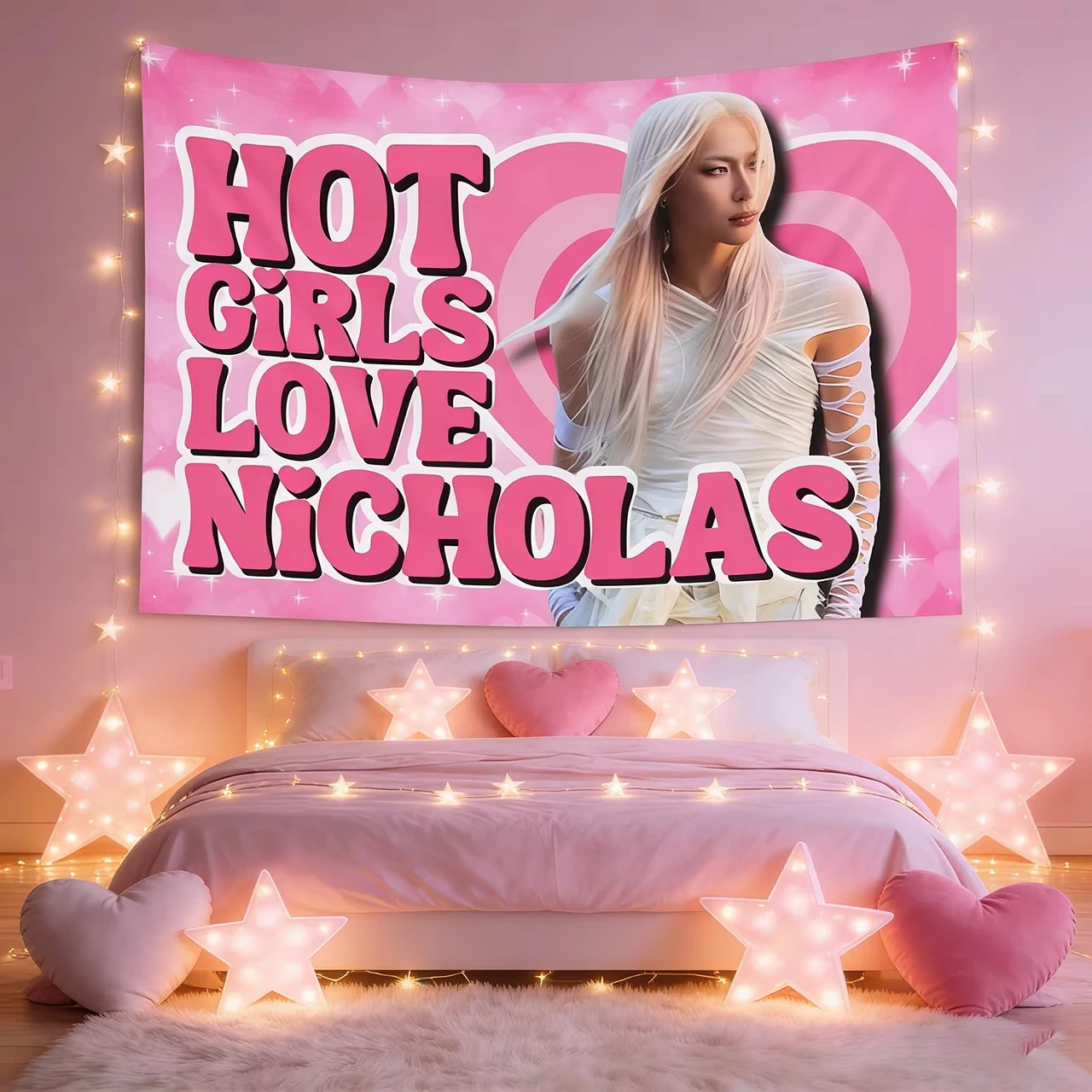 Andteam Nicholas White Hair Girl Banner, 2026 Kpop Tour Merchandise Printed Flag for Fans Room Bedroom Wall Hanging Decor