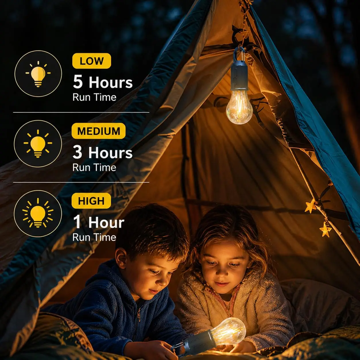 1 paquete de luces de camping recargables, bombillas LED para tiendas de campaña, color negro.