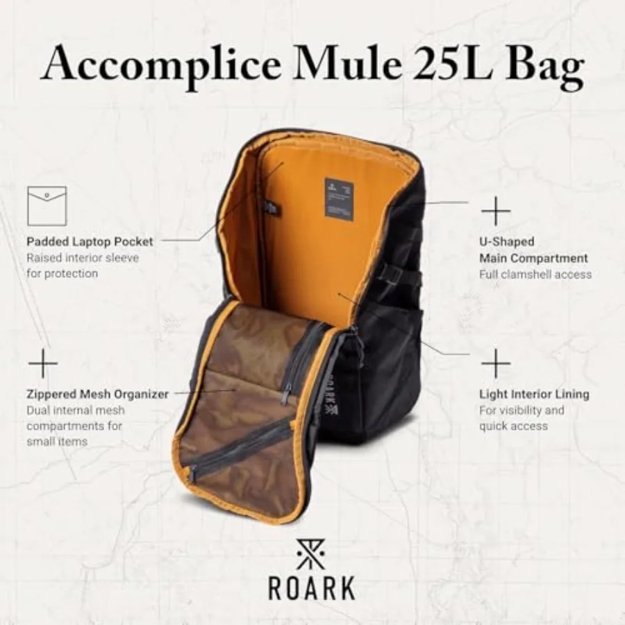 حقيبة ظهر للسفر من Roark Accomplice Mule 25L للرجال مقاومة للماء للمغامرة Daypack حقيبة ظهر للكمبيوتر المحمول 14 حقيبة ظهر شبكية بسحاب S