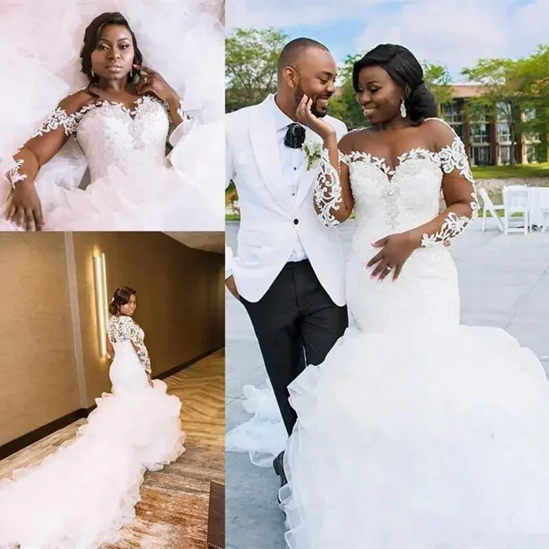 Robes sirène africaines personnalisées à manches longues, à volants, perles en Organza, dentelle transparente, grand Train, robe de mariée, 2025