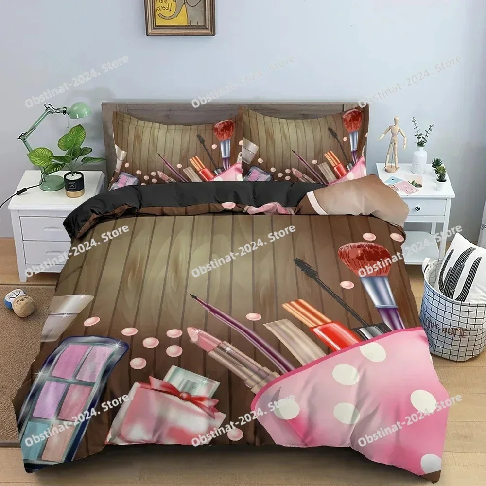 Fashion Women's Cosmetics Bedding Set Girl's Bedroom Duvet Cover Set King Queen Twin Size Luxury Bedclothes Home Decor