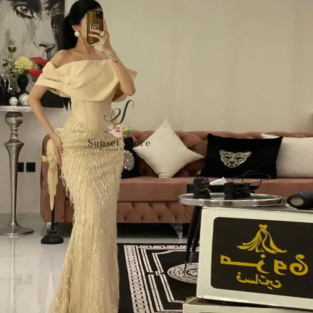 Customized Off the Shoulder Sequin Evening Dresses Champagne Corset Dress Beading Mermaid Formal Wedding Evening Gown