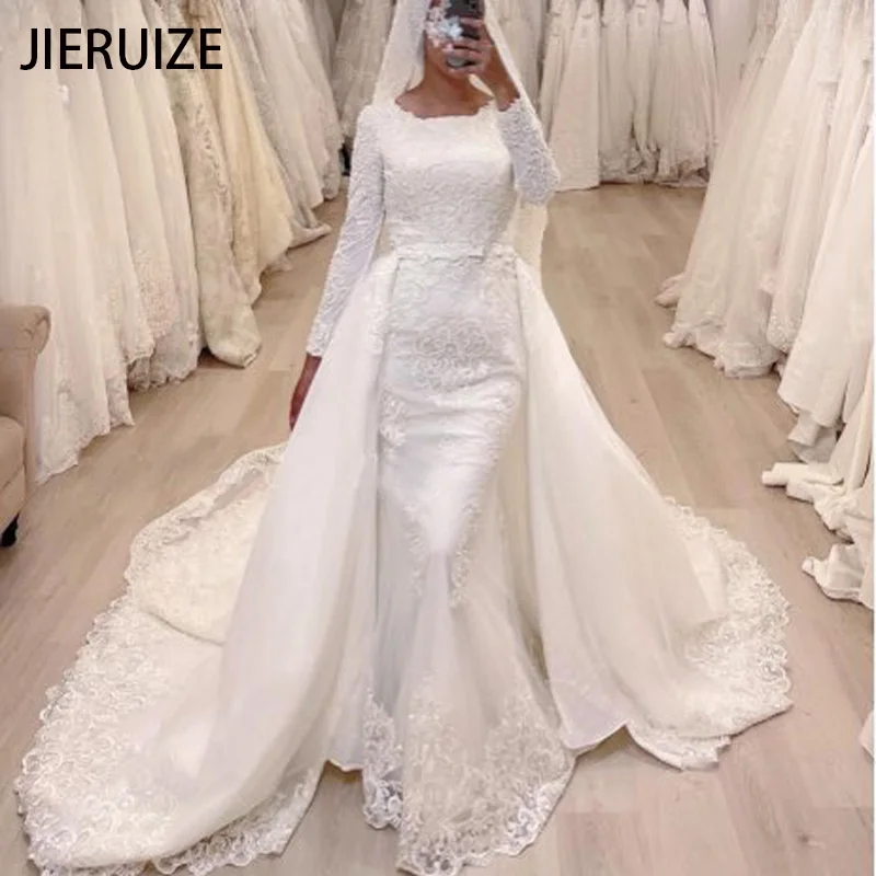 2022 Detachable Skirt Lace Muslim Wedding Dresses Long Sleeves Removable Train Mermaid Bridal Gowns Vestidos De Noiva