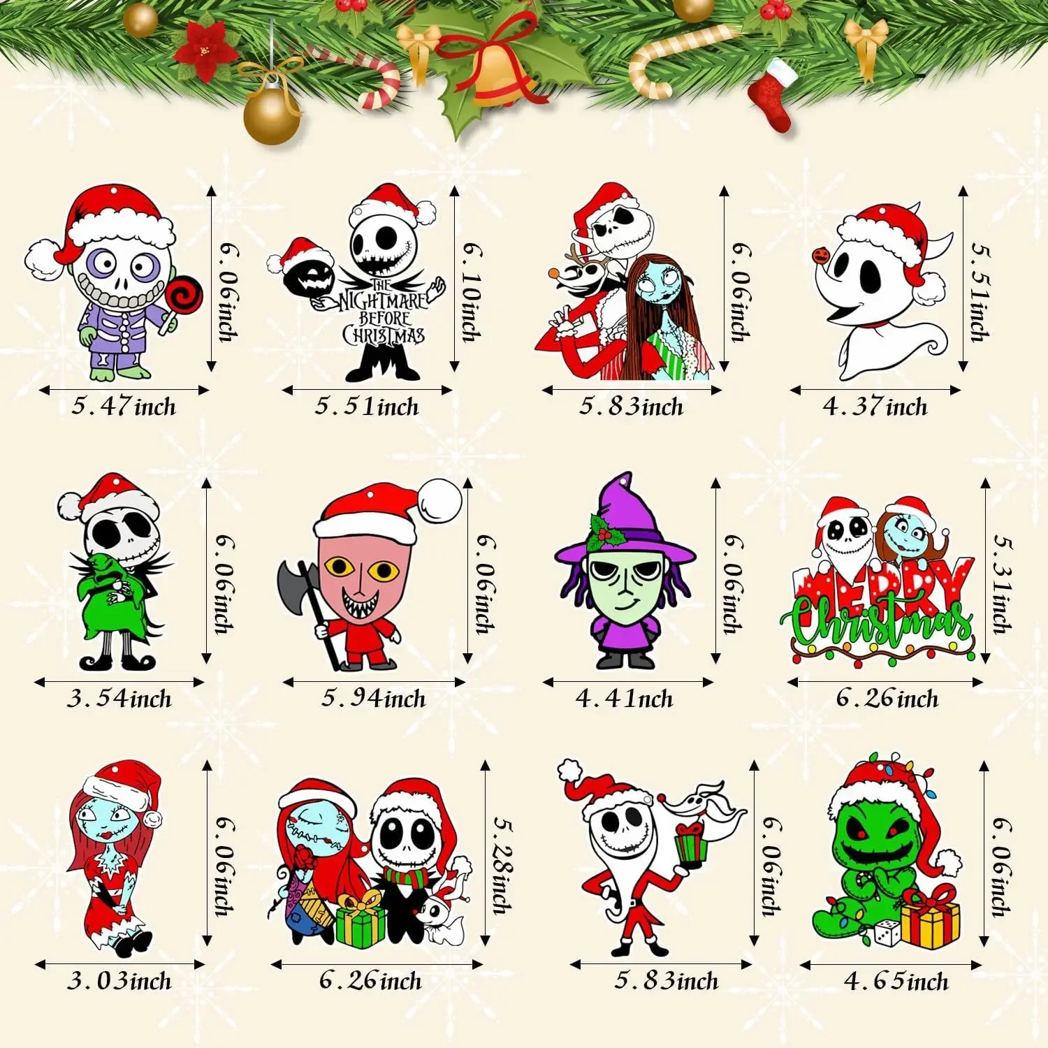 12pcs คริสต์มาสจี้ไม้ Merry Christmas สําหรับตกแต่งบ้าน 2024 Christmas Eve Fright Night จี้เครื่องประดับคริสต์มาสของขวัญ