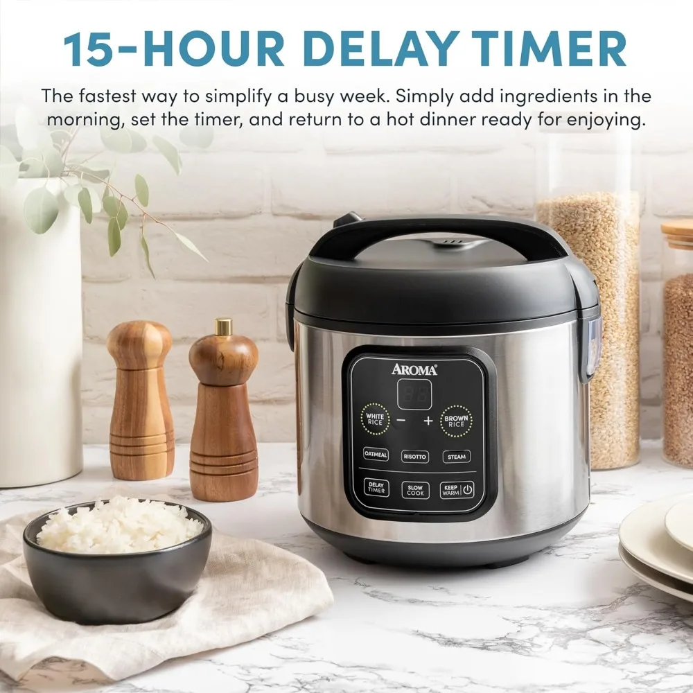 Rice & Grain Cooker Slow Cook, Steam, Oatmeal, Risotto, 8-cup cooked/4-cup uncooked/2Qt, Stainless Steel,9.13D x 9.13W x 9.5H