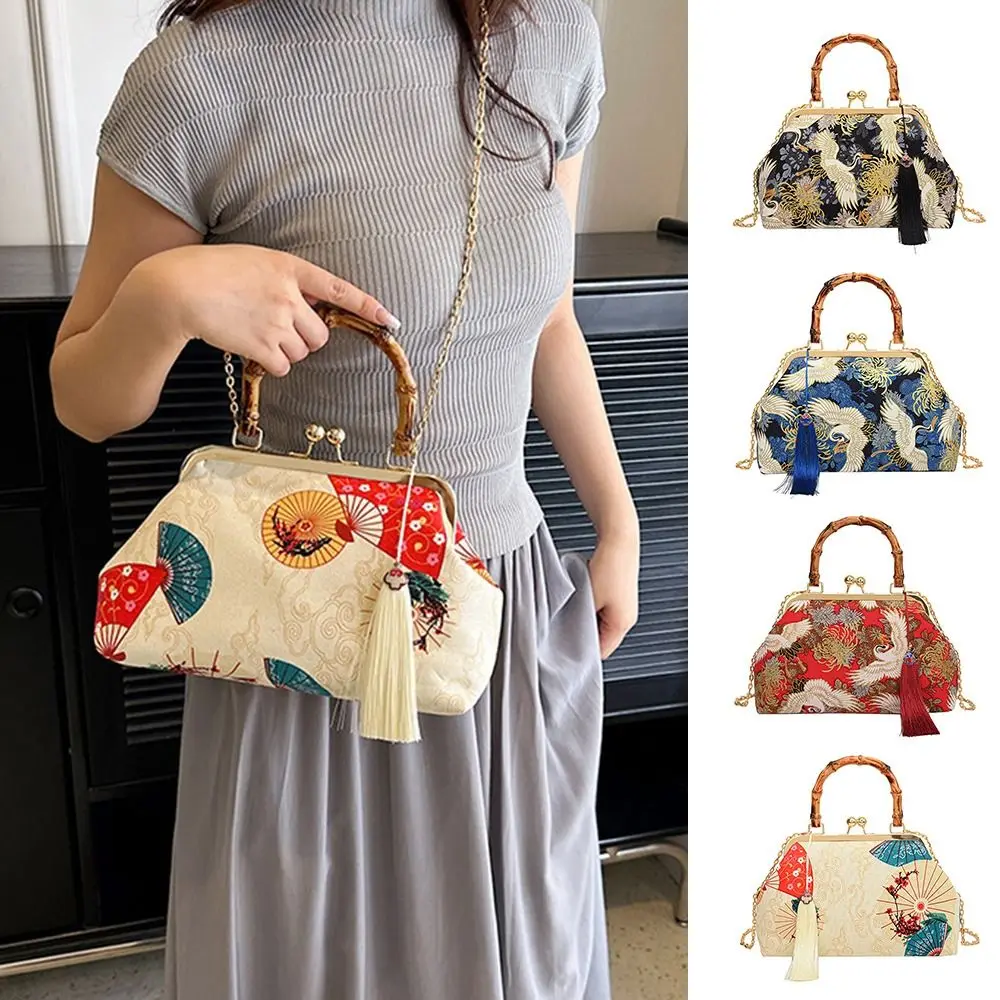 

Rattan Handle Evening Clutch Bag Red Crowned Crane Print Tassel Handbag Chain Shoulder Bags For Women Bride Wedding