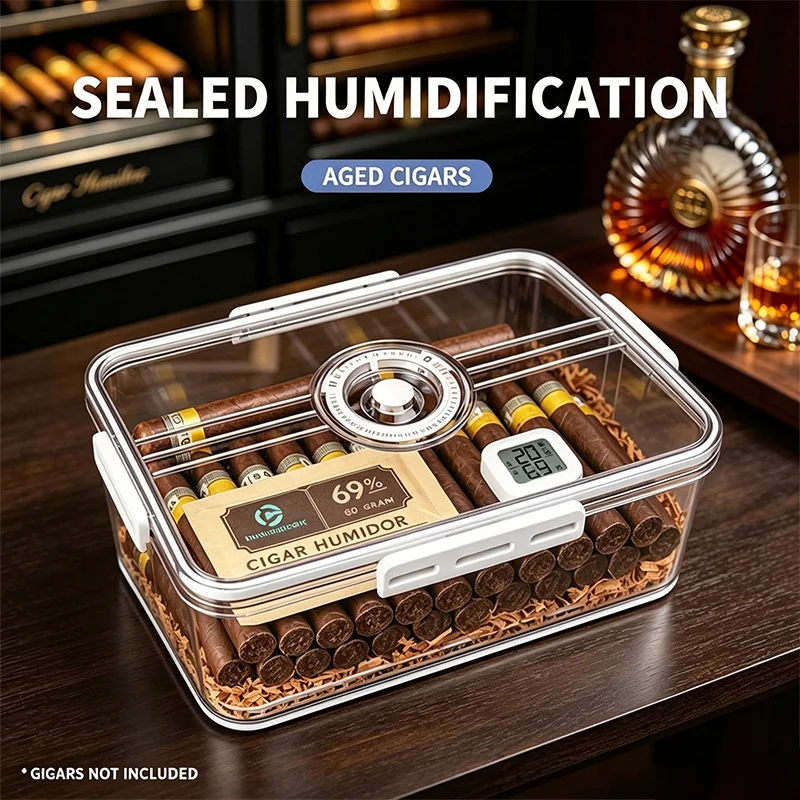 Cigar humidor,Transparent Sealed Cigar Humidor with Aging Timer Large Capacity Clear Cigar Humidor Box，Cigar Humidor Storage Box
