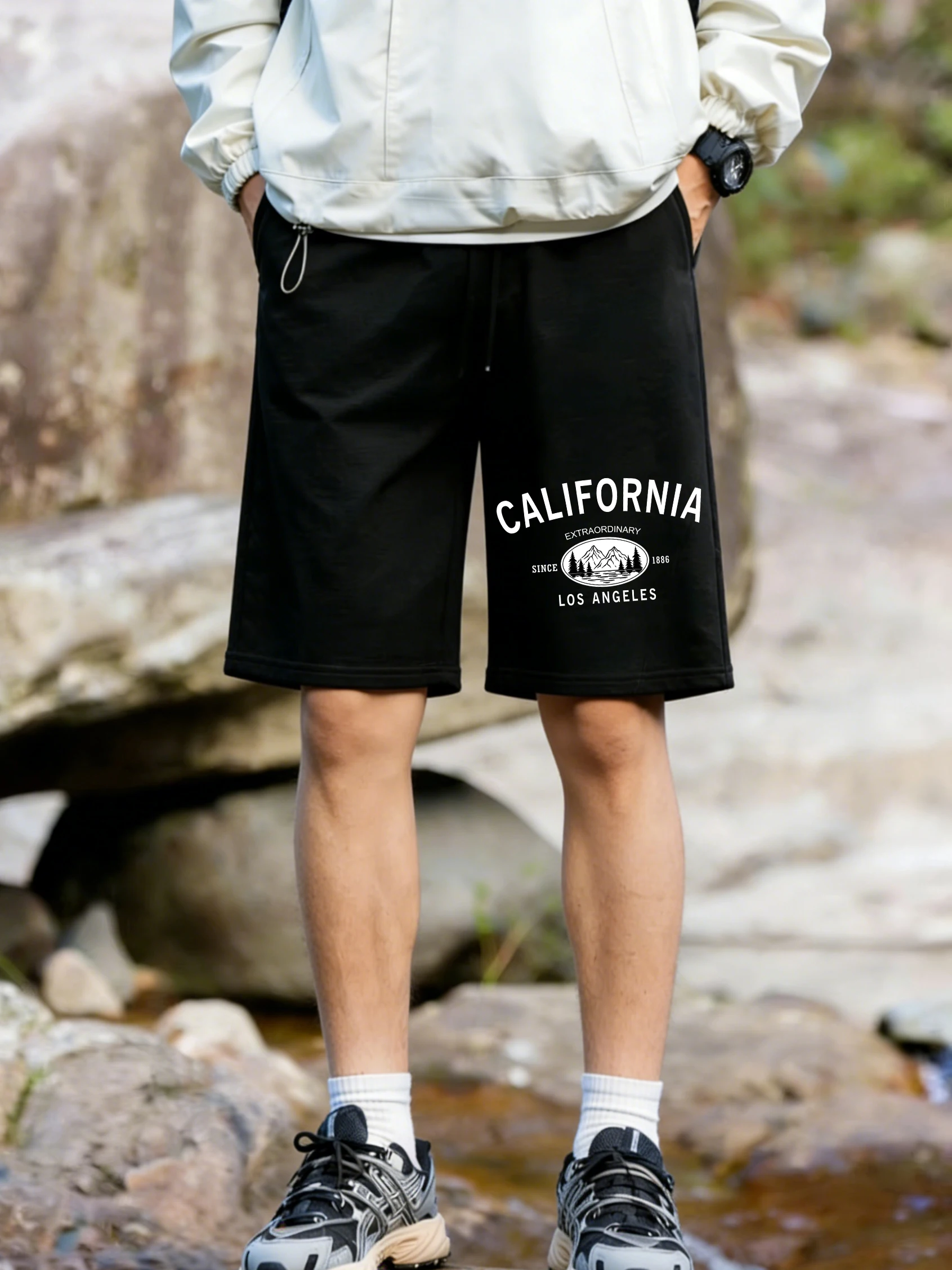 

California Vintage Badge Printed Pants Mens Summer Oversized Wide Shorts Jogging Pocket Shorts Sporty High Waisted Male Clothes