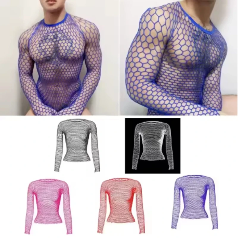 Party Fashion Hollow Out Basic T Shirts Mens Sexy Hollow Out See Through Mesh T-shirt Men Spring Vintage Slim Fit Elastic Tees - view 6