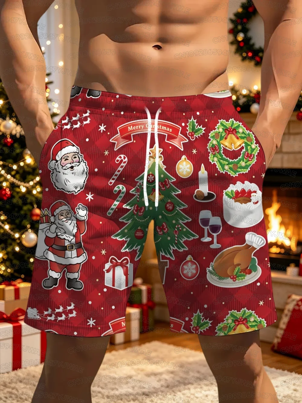 Men'S Women's Christmas Casual Shorts Green Background Cartoon Santa Claus Snowman Holiday Style Santa Claus Shorts