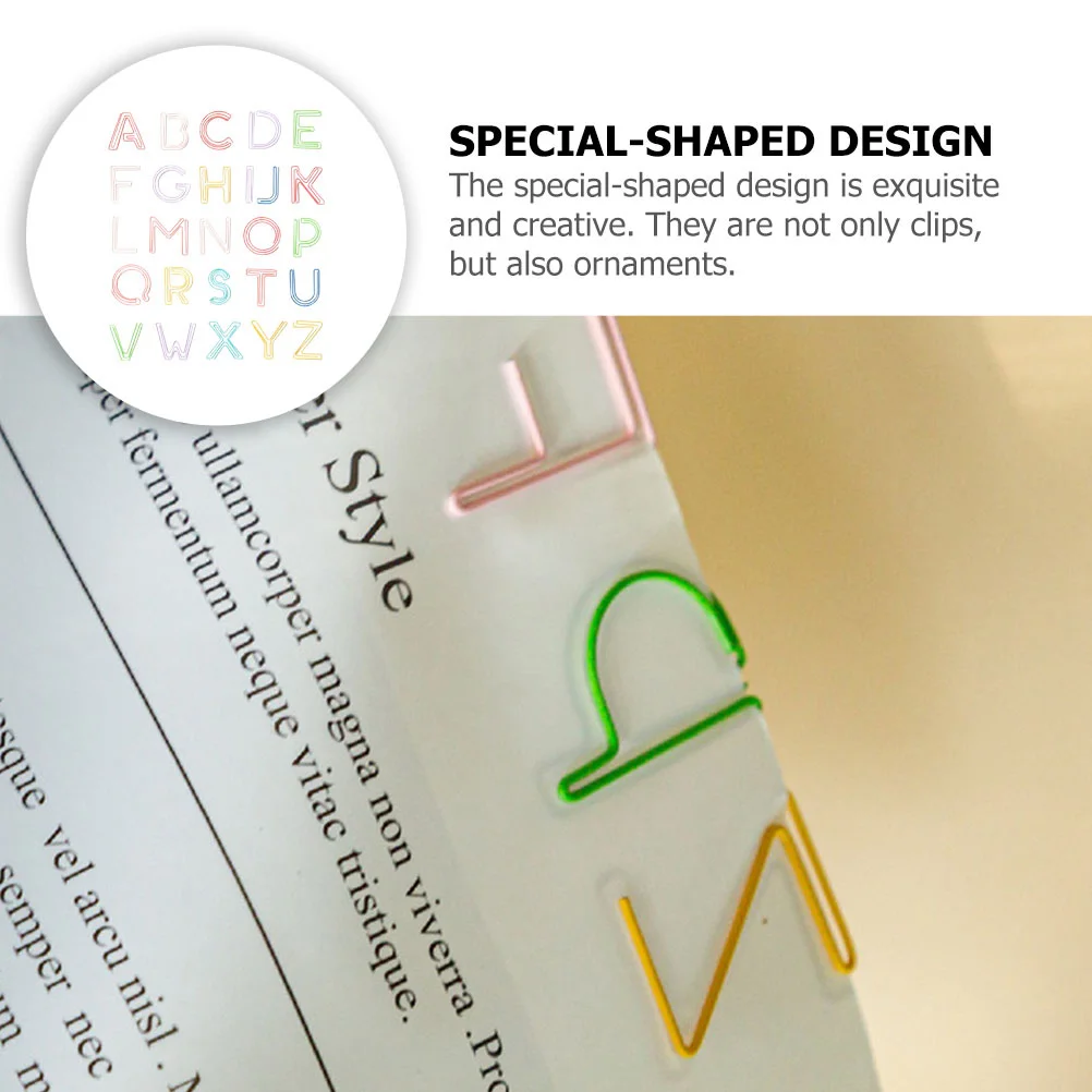 

52pcs Letter shaped Paper Clips Alphabet Bookmarks Iron File Clips Sturdy Office Supplies Student Accessories Creative