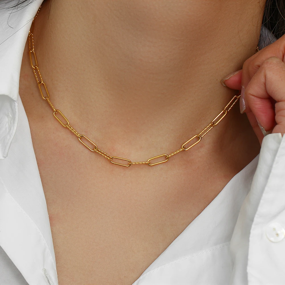 2024 New Stylish Hypoallergenic Thin Delicate Paper Clip Link Chain Necklace Bracelet Jewelry Set Stainless Steel Chain Necklace