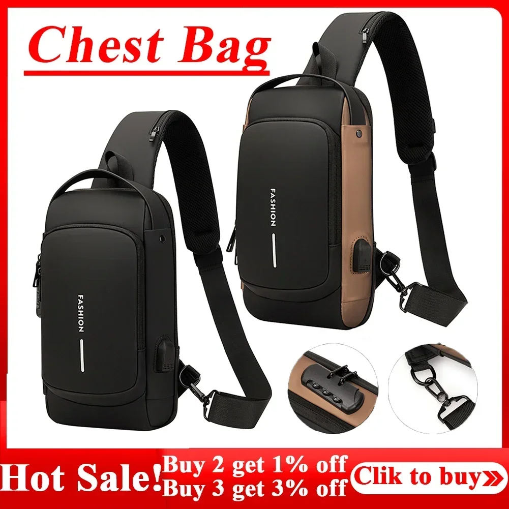 Motorcycle Men Fashion Chest Anti-theft Tape Portable Backpack USB Charging Port Male PU Shoulder Outdoor Sports Crossbody Bag
