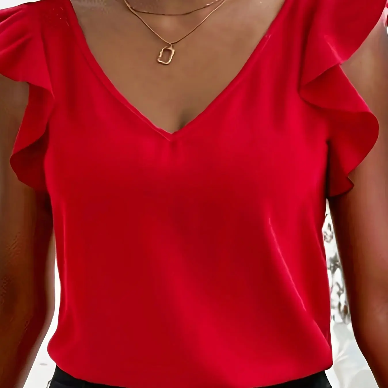 Women\'s ruffled V-neck casual tops Red solid color casual shirts Ruffle sleeves V-neck