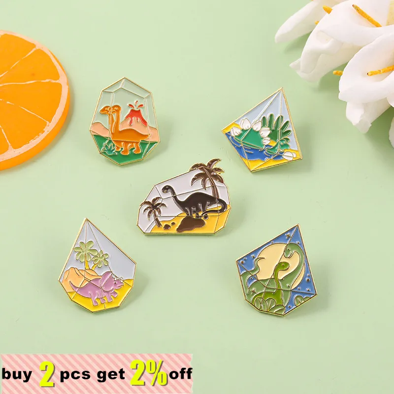 Dinosaur Animal Enamel Pin Micro Landscape Ecological Bottle Container Tyrannosaurus Brooches Lapel Badge Jewelry Gift Wholesale