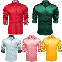 Red Green Splicing Paisley Long Sleeve Shirts For Men Designer Stretch Satin Tuxedo Shirt Prom Party Formal Dress Men Clothing