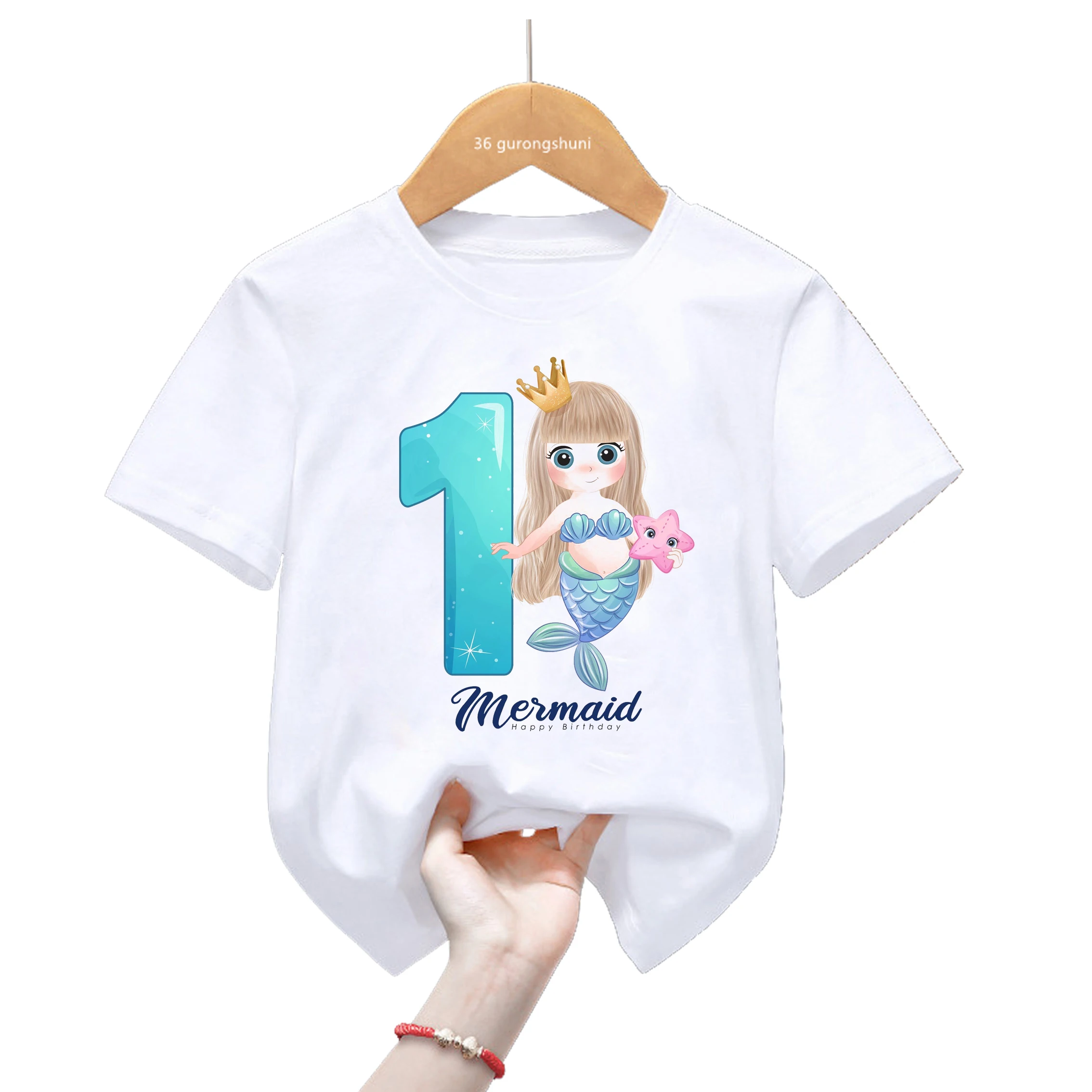 Camiseta de sirena con número 1-9 para niños y niñas, camiseta de feliz cumpleaños con nombre personalizado, ropa para niños, camisetas de manga corta