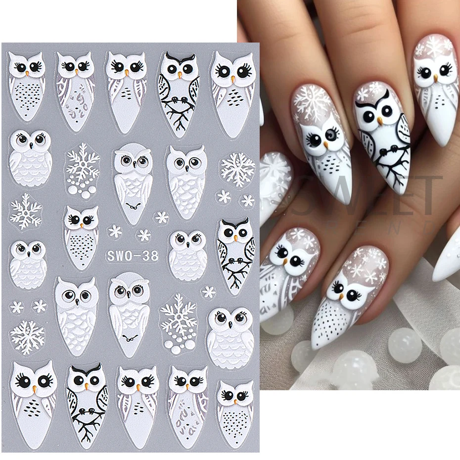 5D Christmas Nail Stickers White Owl Snowflake Rose Flower Dream Catcher Feather Stripes DIY Autumn Winter Manicure Decoration