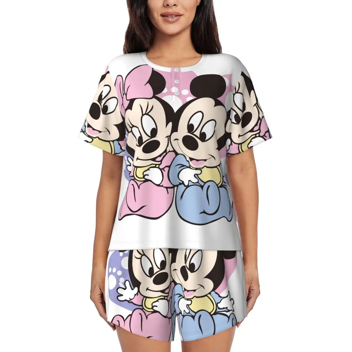 

Custom Printed Womens Cartoon Animation Minnie Mickey Mouse Pajamas Set Short Sleeve 2 Piece Sleepwear Pj Lounge Sets