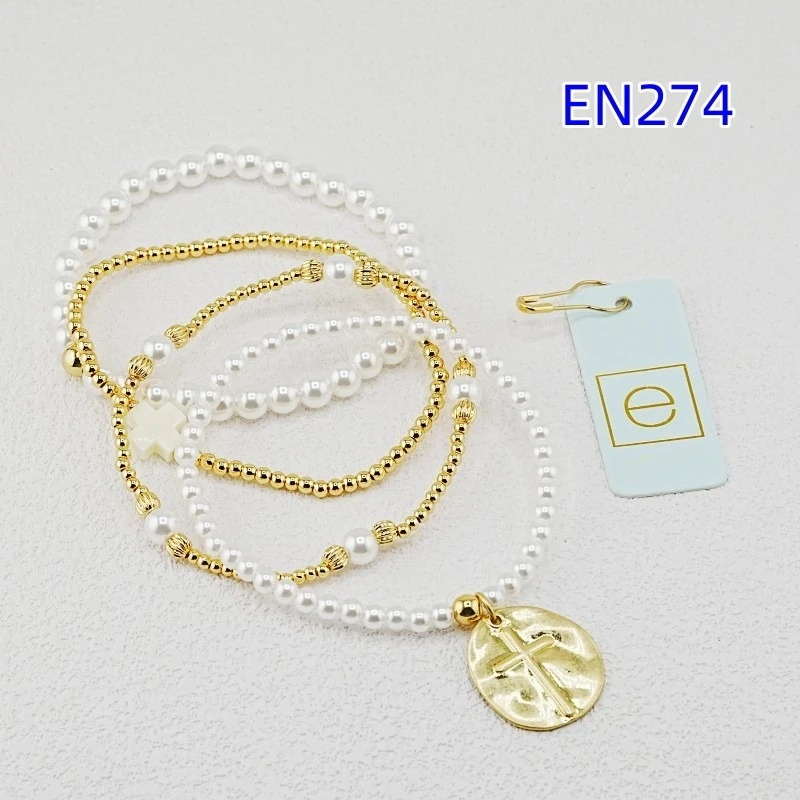 

VKVVA Fashion Jewelry White Pearl and Gold-plated Round Cross Stack of 4 Bead Bracelet Set for Women Birthday Gifts, Unique Gift