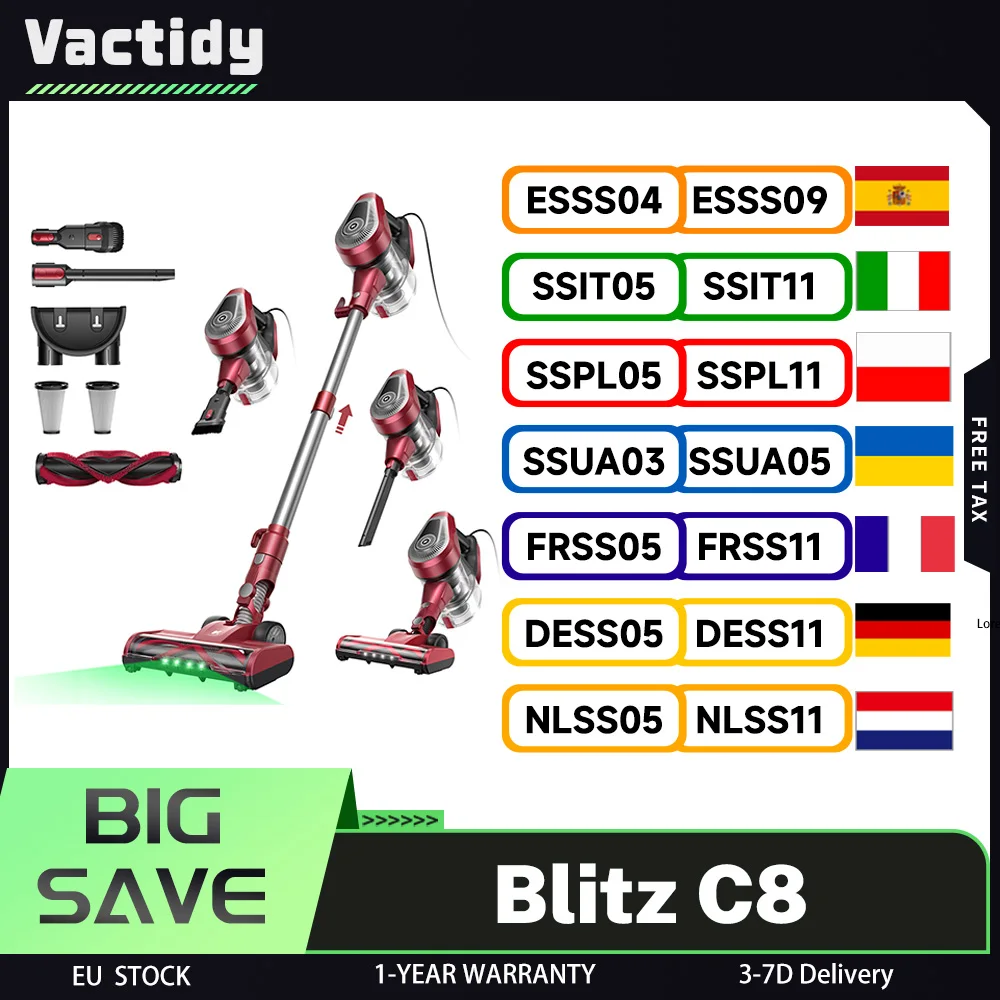 Aspirapolvere con filo Vactidy Blitz C8, motore turbo da 600W, aspirazione 60000Pa, leggero 1,7kg, contenitore polvere da 1,5L, spazzola a V, LED