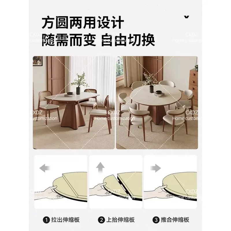 Travertine Round Dining Table Telescopic Extendable Design with Full Support Baseplate Compact Folding Table for Small