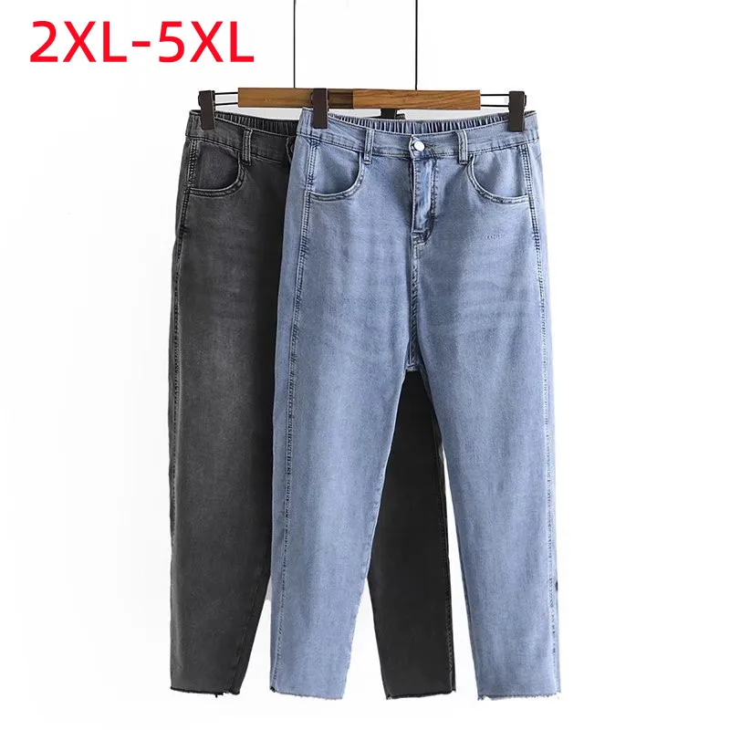 New 2022 Summer Plus Size Jeans For Women Large Size Slim Elastic Blue Black Cotton Pocket Denim Trousers 2XL 3XL 4XL 5XL