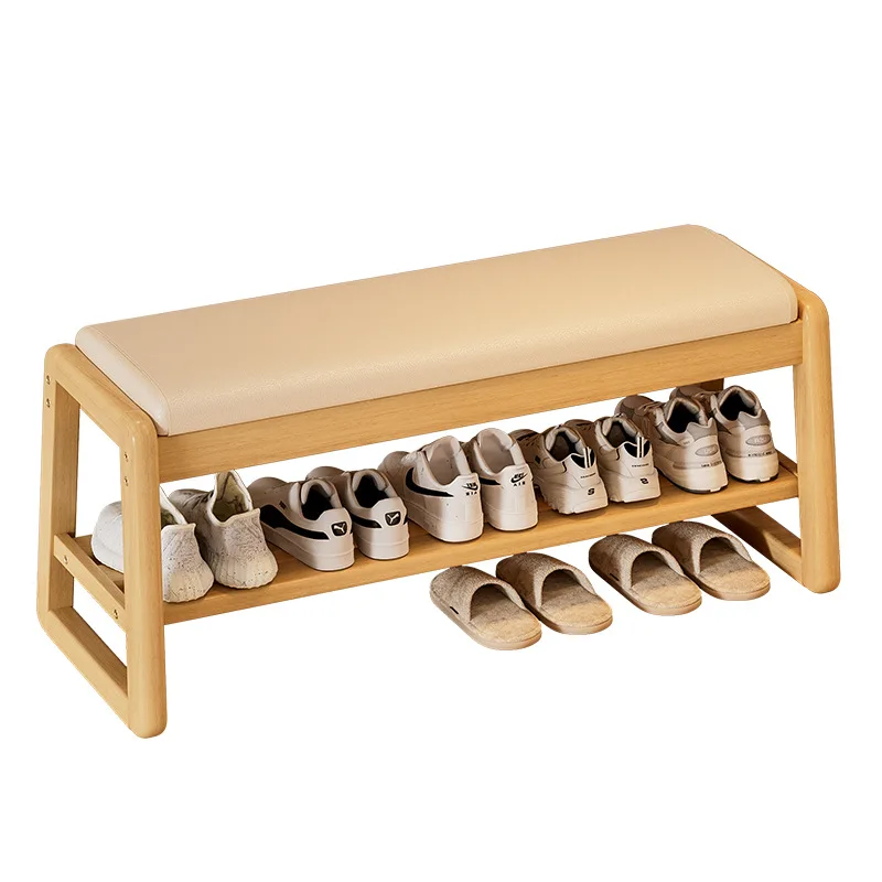 Solid wood shoe changing bench with integrated storage, long sitting bench for entryway