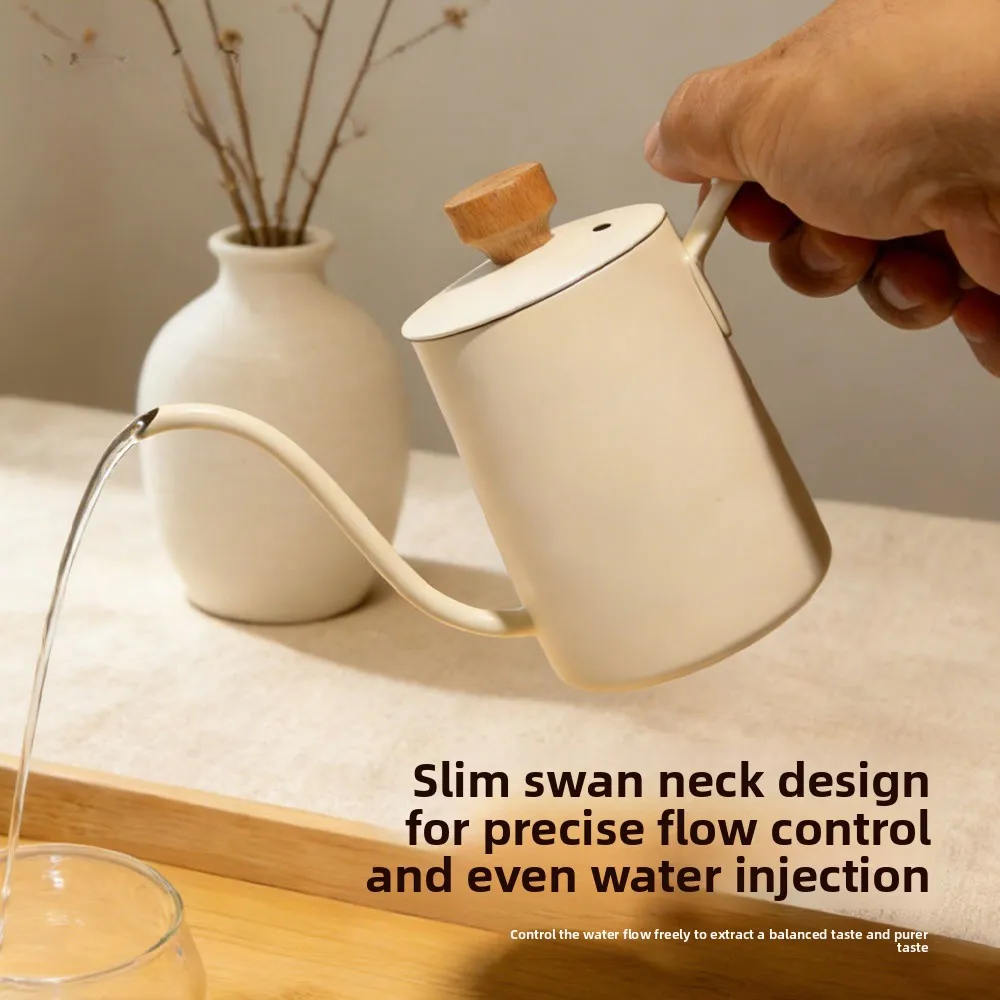 Coffee hand pot with thin mouth, long mouth, wooden handle with lid, milk tea pot with hanging ears, drip coffee pot