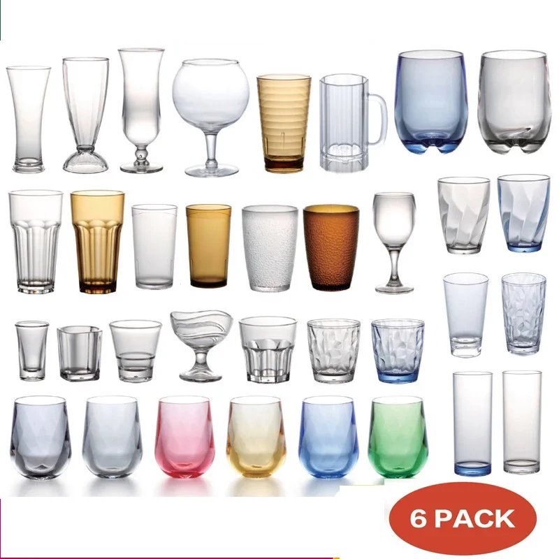 Trinkgläser-Set aus Acryl, wiederverwendbare Getränkebecher, unzerbrechlich, wiederverwendbare Plastikbecher, Kunststoffbecher-Set, spülmaschinenfest, 6 Stück