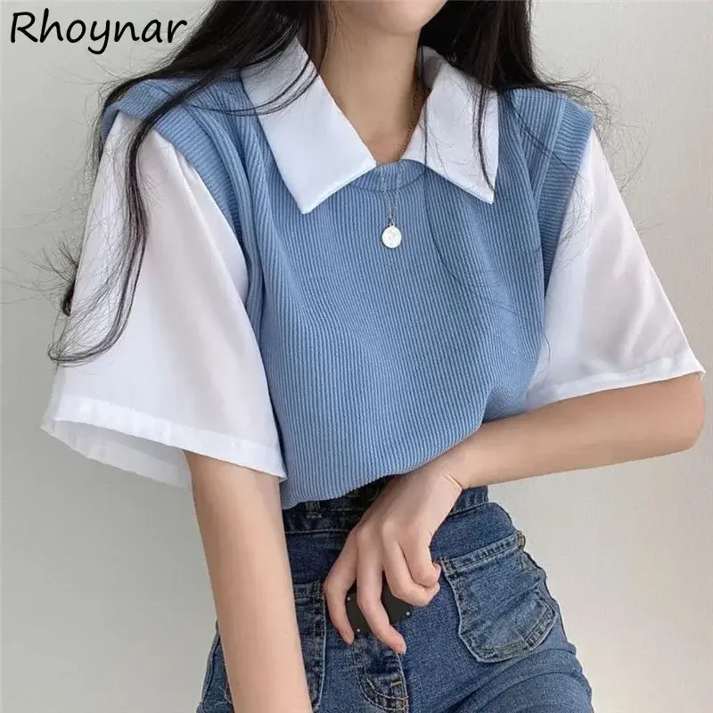 Preppy T-shirts Women Fake Two Piece Y2k Tops Simply Panelled Casual All-match 4-Colors Vintage Teens Summer Clothes Girlish Ins