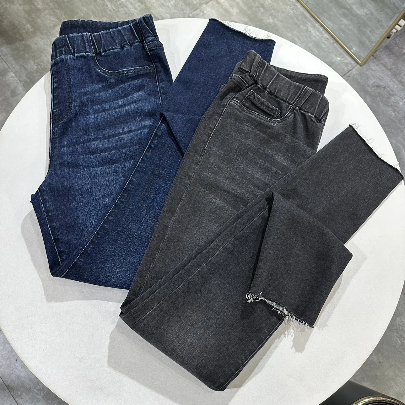 

High Elastici Waed Denim Pants Simple Casual Tight Fit Jeans Elastic Waist Long Pants Rabbit Home Cotton Stretch Denim