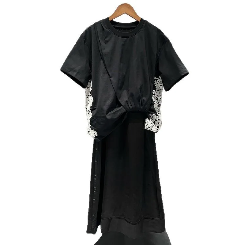 Nicho 2025 primavera/verão férias duas cores contrastantes rendas floral tripulação pescoço retalhos cetim vestido elegante y2k