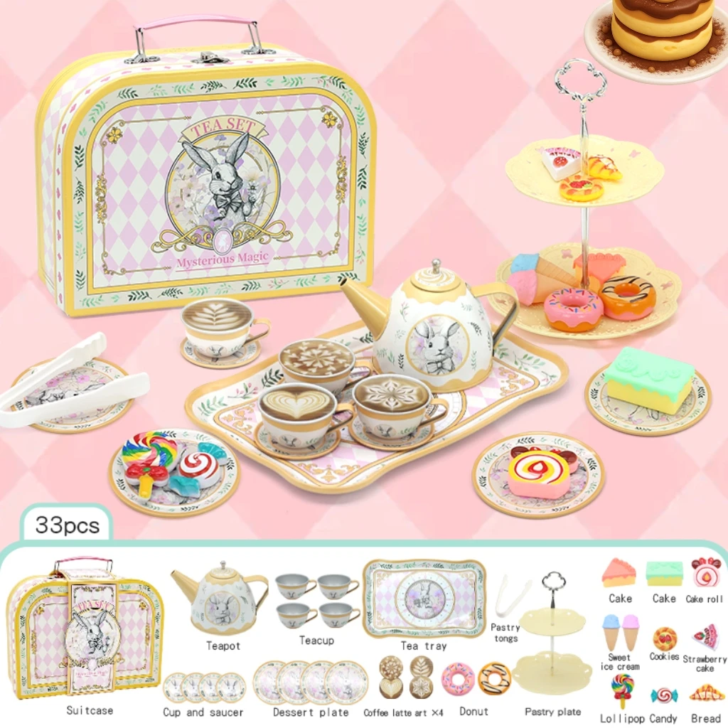 

Набор для чаепития для маленькой девочки, 33 игрушки для чая принцессы, включая чайный сервиз, десертный чемодан, детский кухонный набор игрушек,