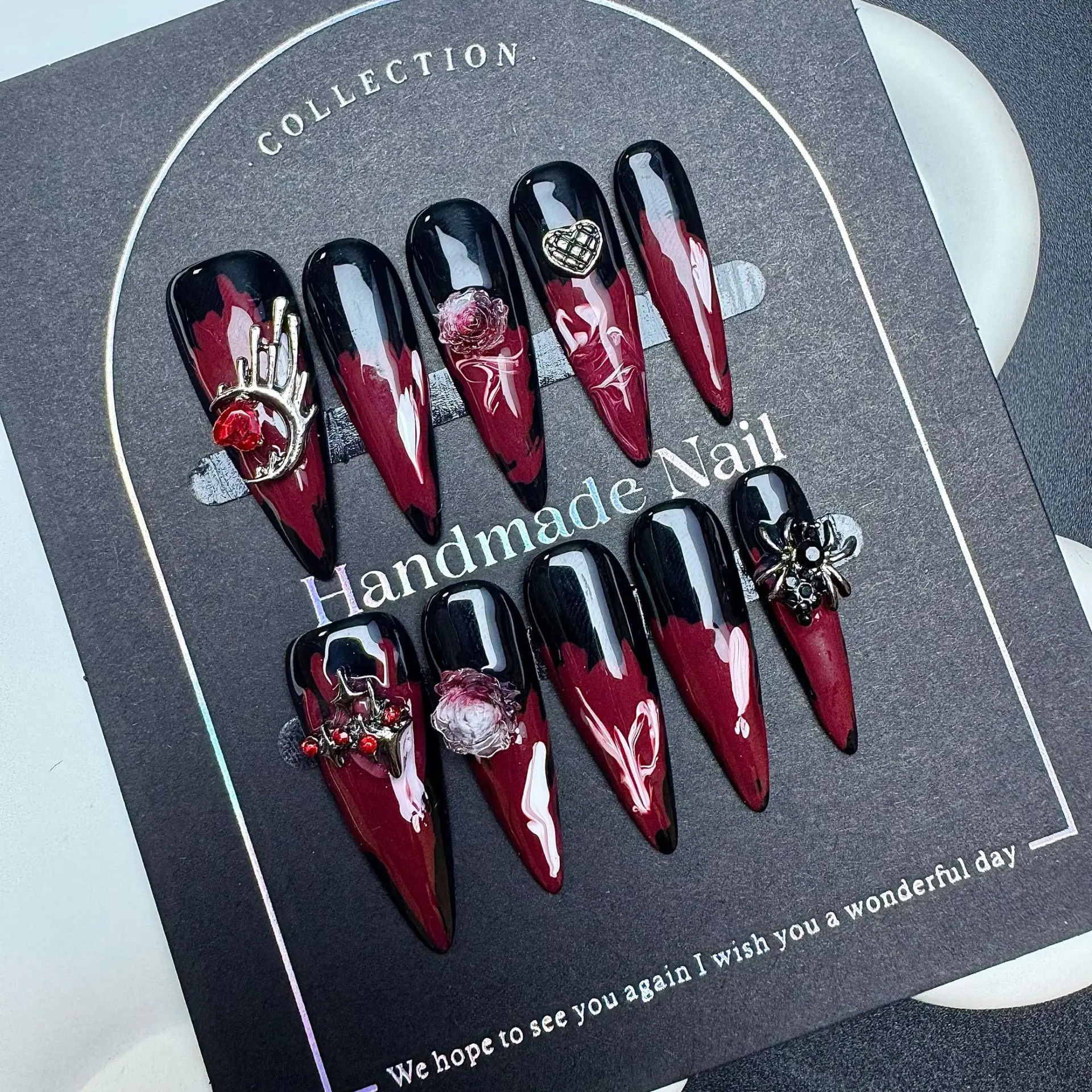 

10pcs Handmade Press on Nails European Punk Drak Red Gradient Fake Nails Reusable Wearable Gothic Metal Halloween False Nails