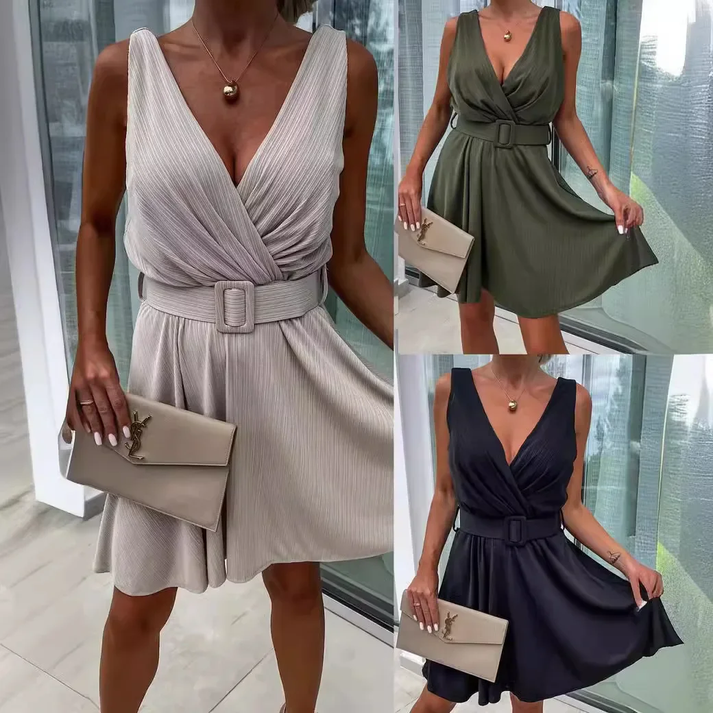 여성용 용수철 원피스 스커트, 단색 백리스 주름 가장자리, V넥 민소매 캐주얼, 섹시한 패션, 편안한 정사이즈 핏, 여름