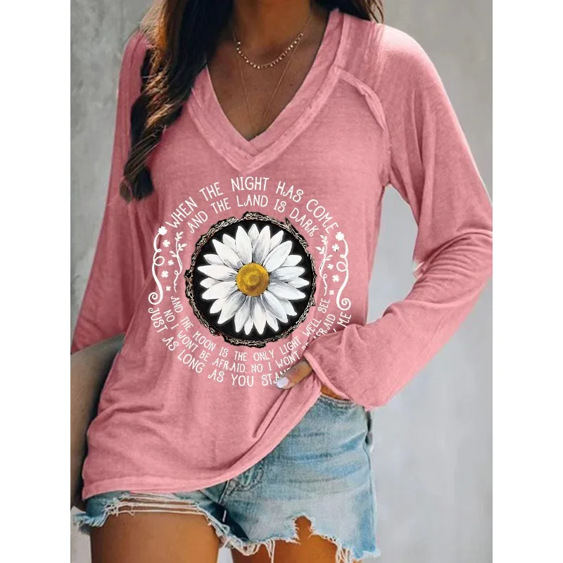 Ilstile Women's Hippie Flower Print T-Shirts Spring Summer Long Sleeve Casual Loose V Neck Tops Blue Green Tees NEW view 5