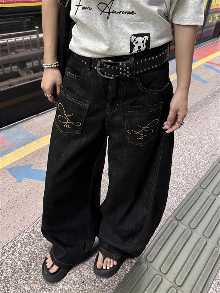 

Женские прямые мешковатые джинсы с вышивкой в стиле ретро, уличные брюки для девочек, винтажные брюки, женские широкие брюки с высокой талией