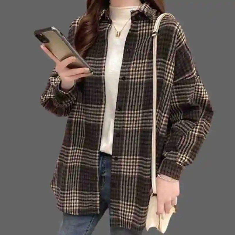 2023 Autumn/Winter Vintage Temperament Large Casual Korean Women Clothes Versatile Lapel Plaid Long Sleeved Shirt Coat