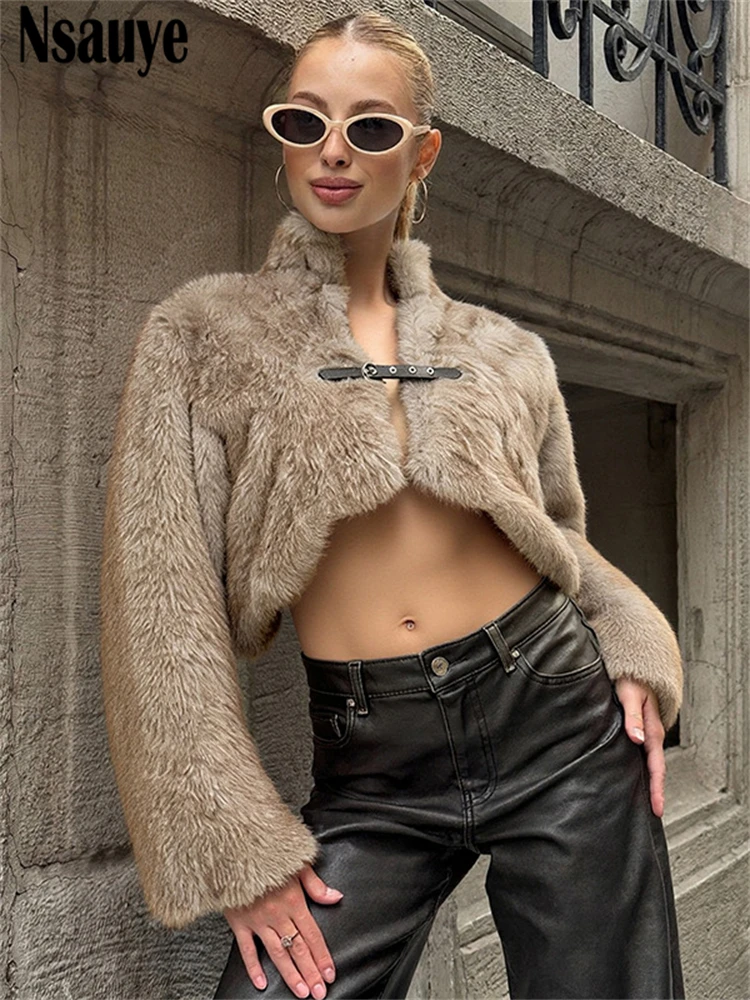 

Nsauye женская зимняя куртка из искусственного меха 2025, однотонный кардиган с длинным рукавом, плюшевая теплая повседневная женская шикарная верхняя одежда, теплое пальто