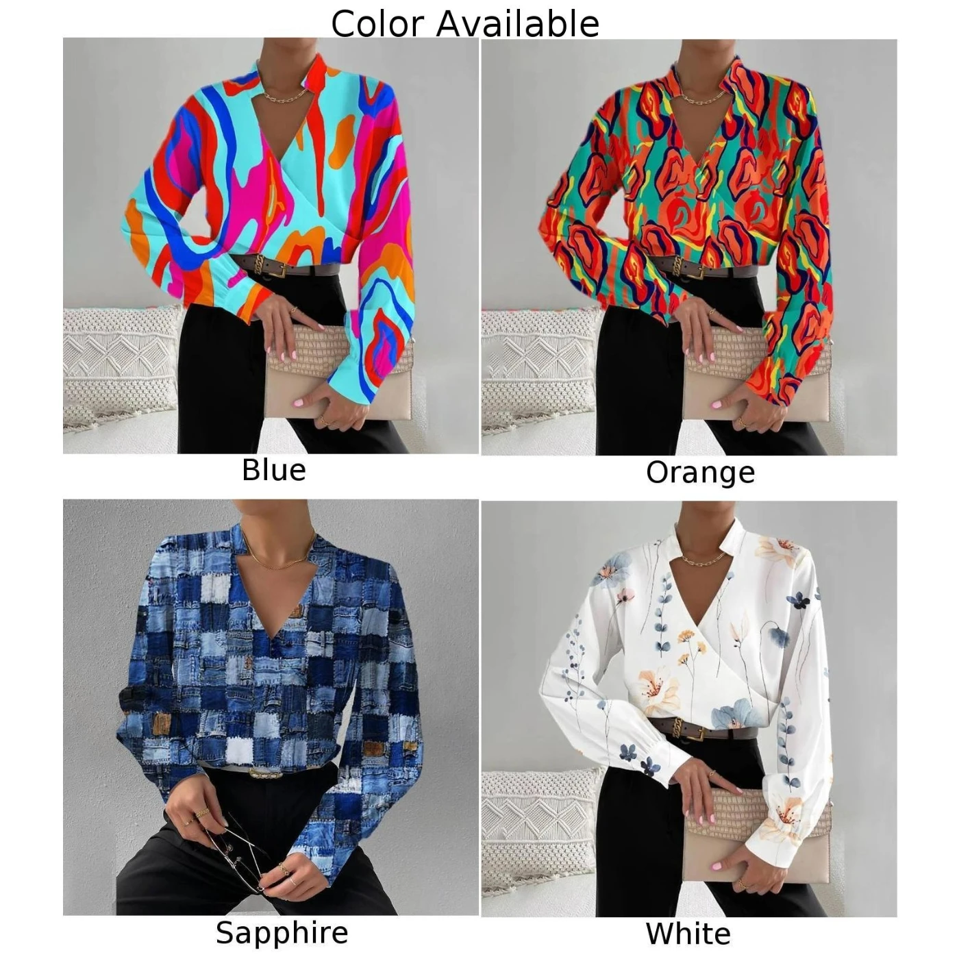 Tops Wit M-2XL Oranje Saffier Blouse Shirt T-shirt Casual Lange Mouw Print Dames Wrap Diepe V-hals Vakantie
