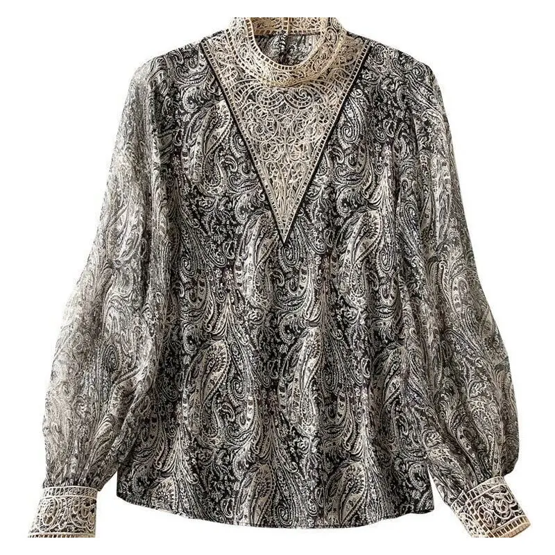 Fashion Vintage Paisley Printed Chiffon Shirt Spring Autumn Lace Embroidery Female Elegant Hollow Out Loose Stand Collar Blouse