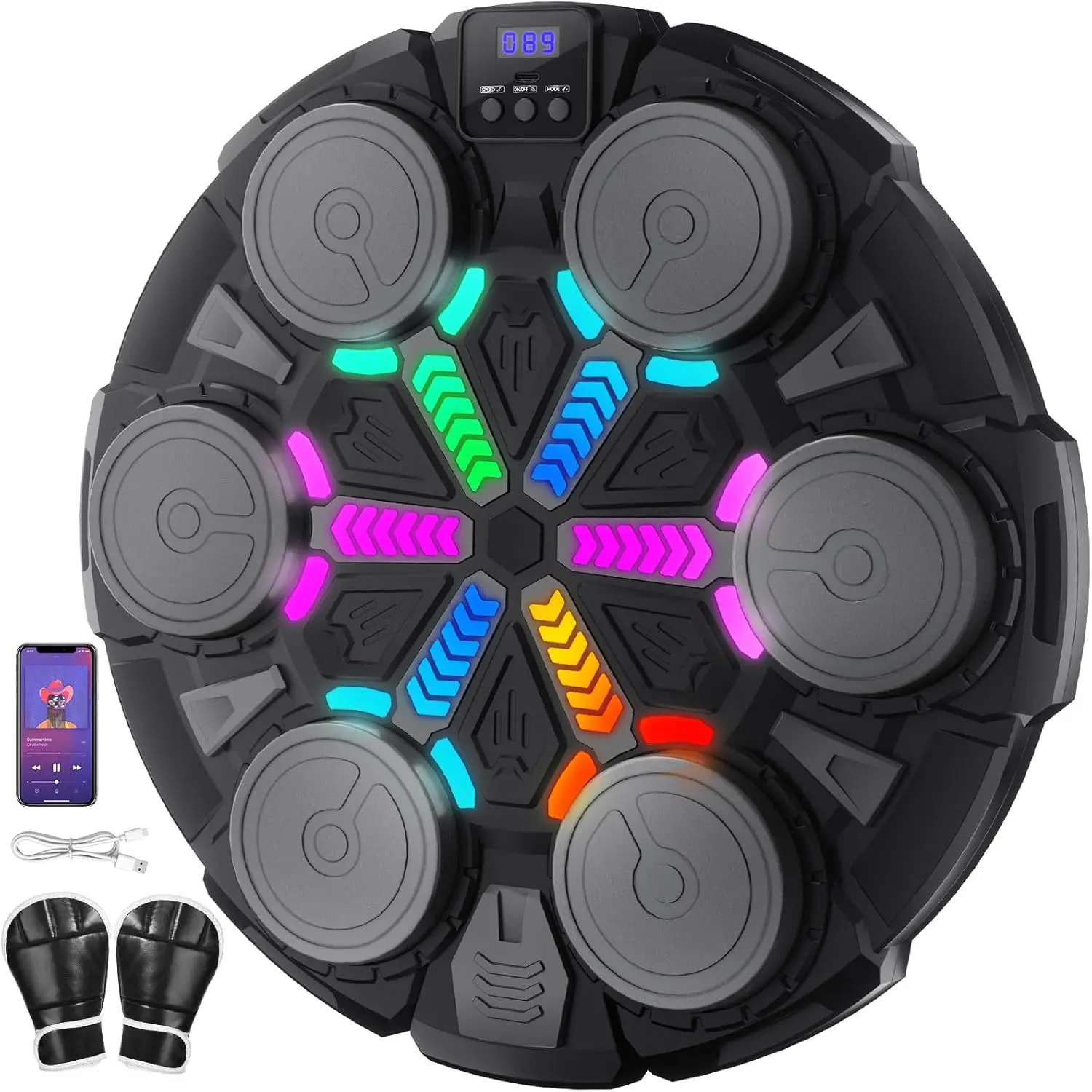 Interaktywna, ścienna maszyna bokserska z 3 trybami (Uderzenia, Rytm, Pojedynek), synchronizacją muzyki Bluetooth, 5 prędkościami i 6 stopniami trudności, walka dla dwóch graczy, amortyzująca piankowa