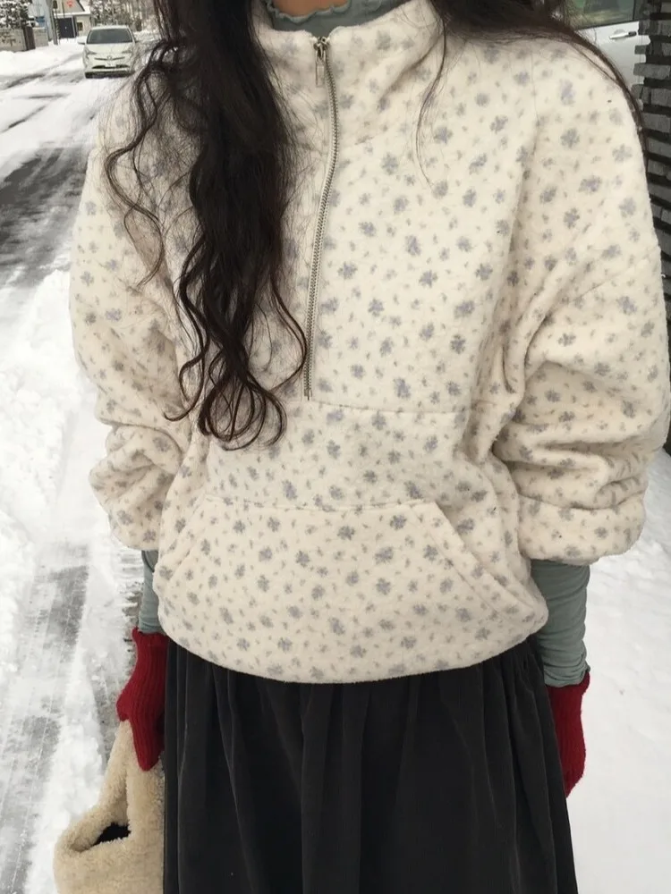سويت فري شتاء جديد المرأة Fce اصطف البلوز ملابس خارجية لطيف الأزهار طباعة تصميم العصرية Agel الكورية Sle الأعلى #3