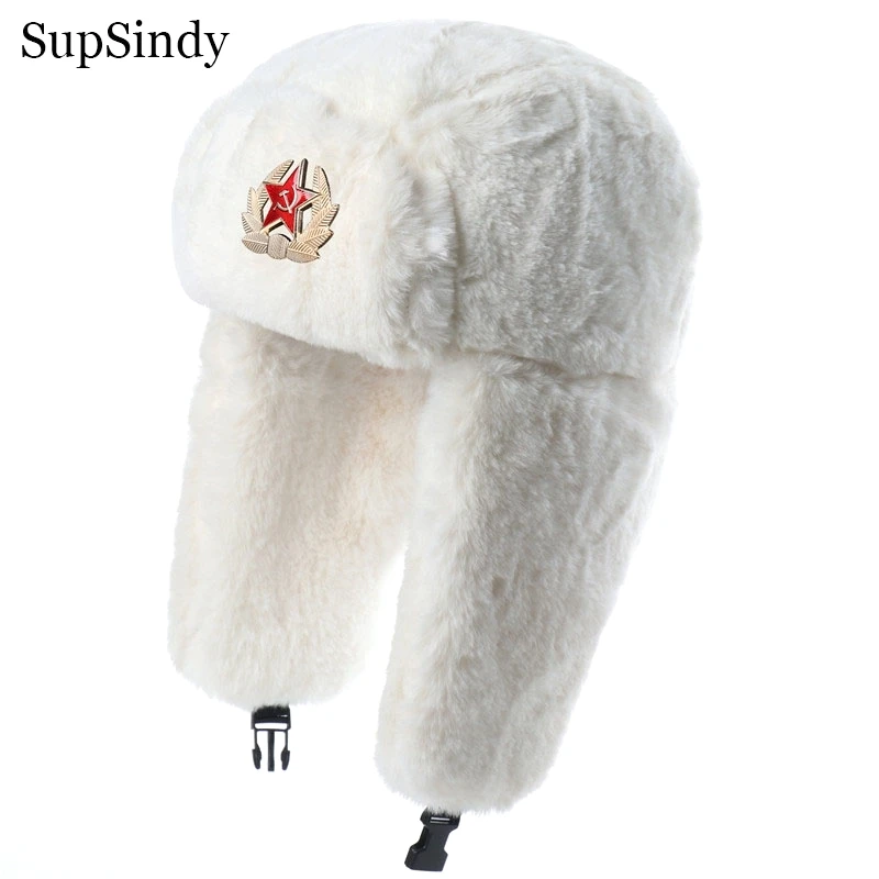 SupSindy Winter Women Soviet Badge Bomber Hat Warm Faux Rabbit Fur Pilot Ushanka Windproof Thermal Earflap Hats For Men Ski Caps