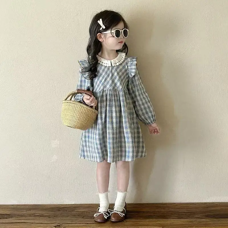 

Girls' Long Sleeve Dress Spring and Autumn 2025 New Children's Clothing Plaid Princess Style Dress